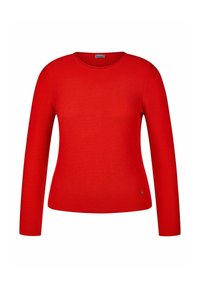 Roter Pullover mit langen Ärmeln, Rundhalsausschnitt, gerippter Textur und taillierter Passform. Verfügt über ein kleines Logodetail am unteren Ende.