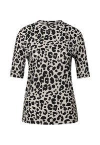 Tričko s krátkým rukávem ve zvířecím vzoru. Měkká tkanina, kulatý výstřih, černé skvrny na neutrálním pozadí, volný střih. Žádné viditelné detaily nebo akcenty.