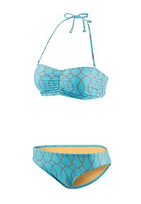 Turquoise bikini met een haltertop en gerimpeld ontwerp. Heeft oranje geometrische patronen en een klassieke slip met gele voering.