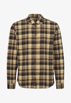 Long-sleeve plaid shirt in yellow, black, and gray. Made of flannel with a button front, collar, and distinct checkered pattern.