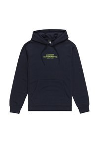 Marineblauwe hoodie van zacht materiaal, met een kangoeroezak, een capuchon met trekkoord en fluorescerende groene tekst: "ELEMENT SKATEBOARD CO. WORLD WIDE."