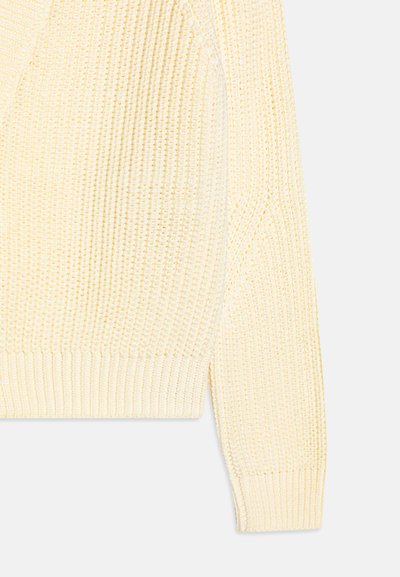 Suéter de punto en amarillo pálido, con un patrón texturizado, diseño de cuello en V y puños y dobladillo acanalados.