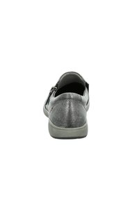 Metallic silver slip-on shoe with a rounded toe and textured finish. Features a low grey rubber sole and a side zipper detail.