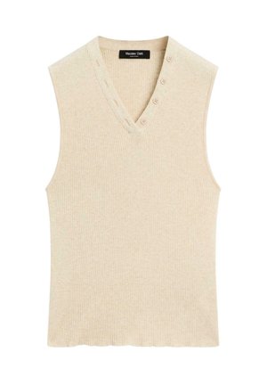Top senza maniche beige a coste con scollatura a V, caratterizzato da quattro bottoni decorativi sul lato sinistro e una finitura testurizzata.