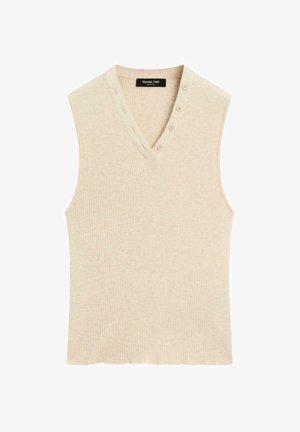 Beige ribbed sleeveless top with a V-neck, featuring four button accents on the left side and a textured finish.