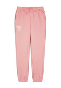 Roze joggingbroek met een elastische tailleband, taps toelopende boorden en een witte geprinte logo met de tekst "Women of the Wave" op het linkerpand.