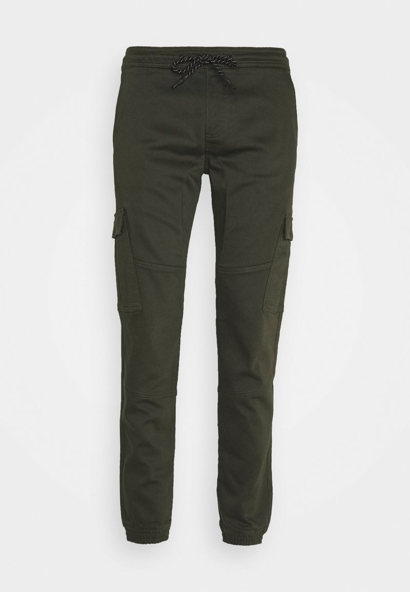 Pantalons cargo vert olive avec taille élastique, cordon de serrage et poches latérales. Fabriqués en tissu durable, ces pantalons présentent des jambes fuselées ajustées et des coutures discrètes.