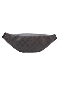 Brown leather fanny pack featuring a checkered pattern, smooth texture, zip closure, and a single adjustable strap for wearing.