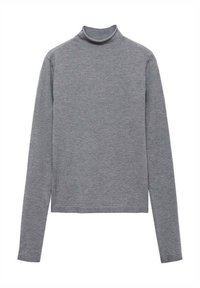 Sivé rolák s dlhým rukávom a priliehavým strihom, vyrobený z mäkkého, elastického materiálu. Jednoduchý dizajn bez vzorov alebo ozdôb.