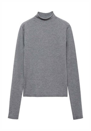 Maglietta grigia a maniche lunghe con colletto alto, dalla forma aderente, realizzata in tessuto morbido e stretch. Design semplice, senza fantasie o decorazioni.