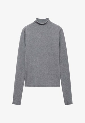 Maglietta grigia a maniche lunghe con colletto alto, dalla forma aderente, realizzata in tessuto morbido e stretch. Design semplice, senza fantasie o decorazioni.