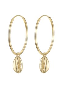 Guld hoops örhängen med en kauri-snäckcharm, slät yta och polerad finish. Designen är cirkulär med en hängande detalj.