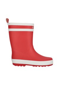 Botte de pluie en caoutchouc rouge avec une bande texturée blanche autour du haut et un logo en relief. Elle possède une semelle texturée pour une meilleure adhérence et une languette de tirage.