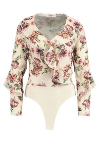 Body floreale con maniche lunghe e volanti. Presenta una scollatura a V e una parte inferiore beige morbida. Il tessuto ha una finitura testurizzata con motivi rosa e verdi.