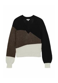 V-kaelusvisee, millel on värvi-plokiga disain musta, pruuni ja valgega, tekstureeritud kudum ning pehmed, kohevused alumises servas ja varrukatel.