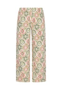 Pantaloni a gamba larga in un tessuto leggero con un vivace motivo floreale esagonale nei colori rosa, verde e crema, dotati di una cintura elastica.
