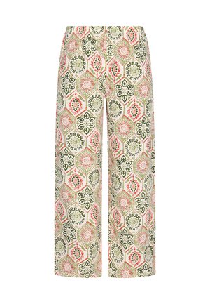 Široké nohavice z ľahkého materiálu so živým hexagonálnym kvetinovým vzorom v ružovej, zelenej a krémovej farbe, s elastickým pásom.