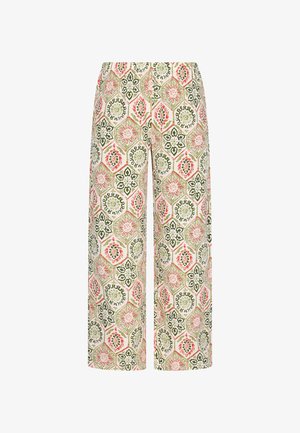 Széles szárú nadrág könnyű anyagból, élénk hatszögletű virágmintával rózsaszín, zöld és krémszín árnyalatokban, állítható derékpánttal.