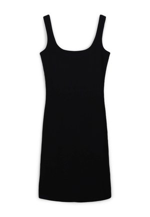 Czarna sukienka prążkowana z okrągłym dekoltem, cienkimi ramiączkami i prostym wykończeniem. Wykonana z elastycznego materiału dla dopasowanego fasonu.