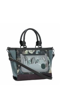 Borsa multicolore con finitura testurizzata, caratterizzata da pannelli grigi, verde acqua e bordeaux, doppi manici e una tracolla staccabile.