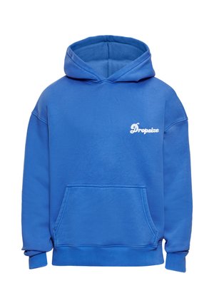 Sweat à capuche bleu avec poche avant et logo blanc "Dropsize" sur le côté gauche de la poitrine, présenté sur un fond blanc uni.