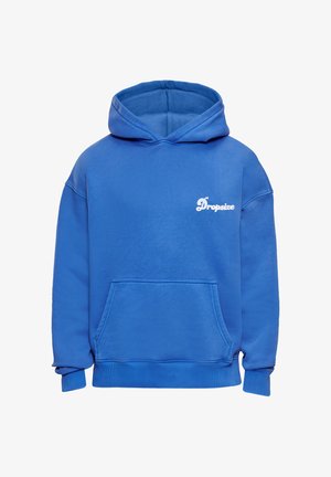 Sweat à capuche bleu avec poche avant et logo blanc "Dropsize" sur le côté gauche de la poitrine, présenté sur un fond blanc uni.