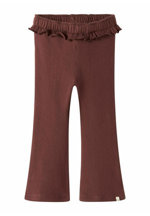 Pantalons évasés marron en tissu doux. Dotés d'une taille élastique avec un bord froncé. Design simple sans motifs ni accents.