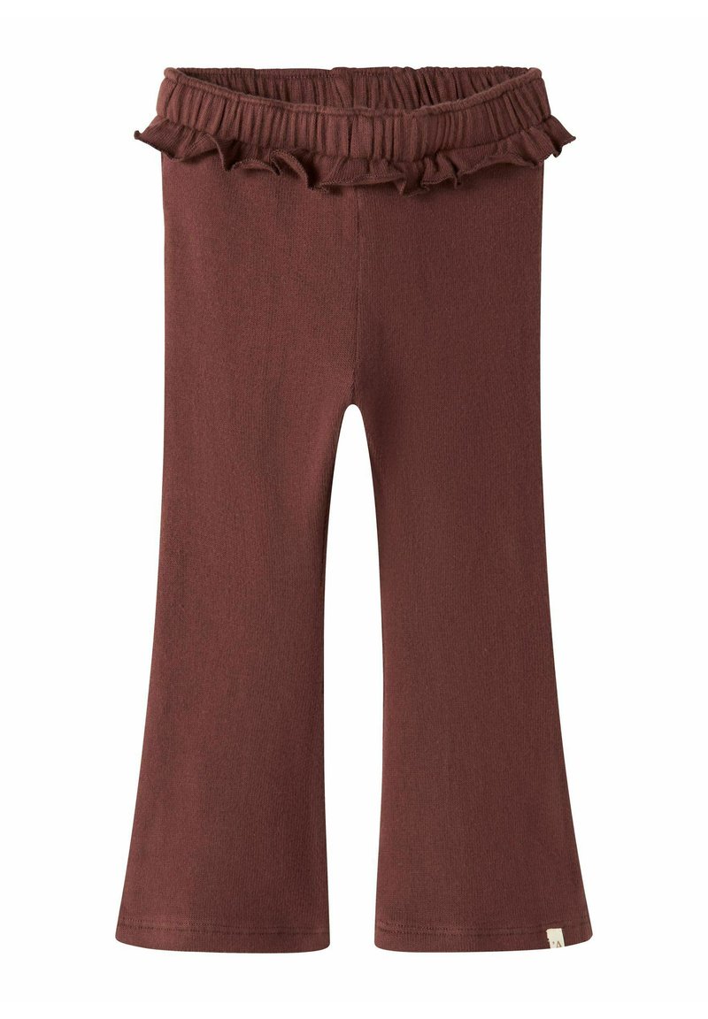 Pantalons évasés marron en tissu doux. Dotés d'une taille élastique avec un bord froncé. Design simple sans motifs ni accents.