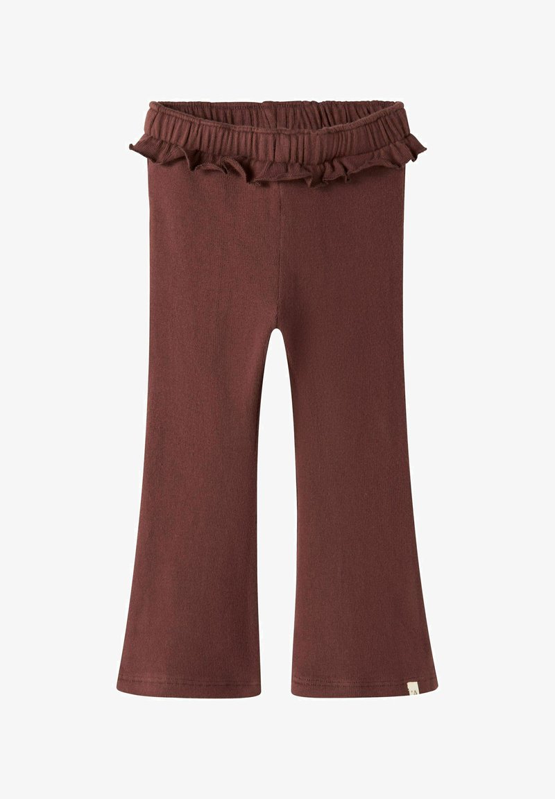 Pantalons évasés marron en tissu doux. Dotés d'une taille élastique avec un bord froncé. Design simple sans motifs ni accents.
