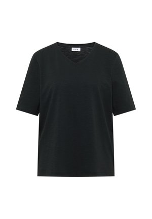 T-shirt noir à manches courtes avec col en V, coupe droite et petite étiquette de marque à l'intérieur du col.