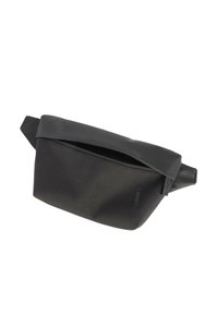 Marsupio nero con superficie liscia e chiusura con zip, progettato per un uso pratico e un trasporto alla moda.