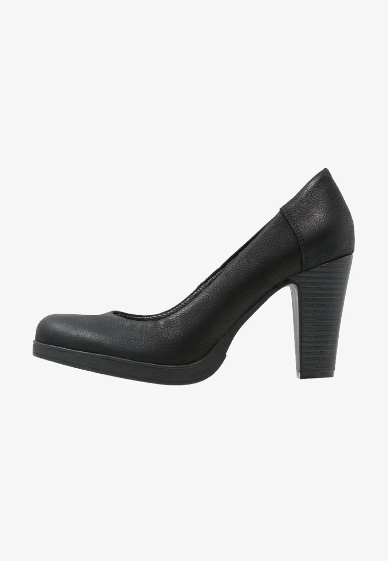 Chaussure femme noire en cuir à talon haut avec bout arrondi et talon épais empilé, vue de profil sur fond blanc.