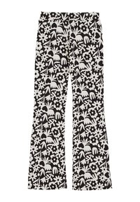 Fellőtt nadrág, amely fekete alapú anyagból készült, fehér virág- és szívmintákkal. Kényelmes, gumis derékrész.