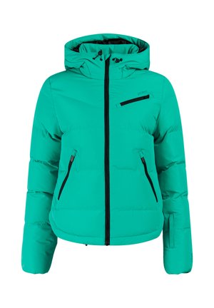 Groene gewatteerde winterjas met capuchon, zwarte ritsen aan de voorkant en op de zakken, en een borstzak aan de rechterkant, vooraanzicht.