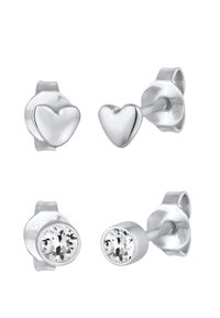 Boucles d'oreilles en argent avec un design en forme de cœur et des accents en cristal rond. Fini lisse avec une fermeture à crochet sécurisée.
