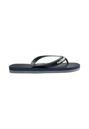 Infradito blu navy con cinturini grigi e nome del marchio "havaianas" sul cinturino laterale, isolata su sfondo bianco.