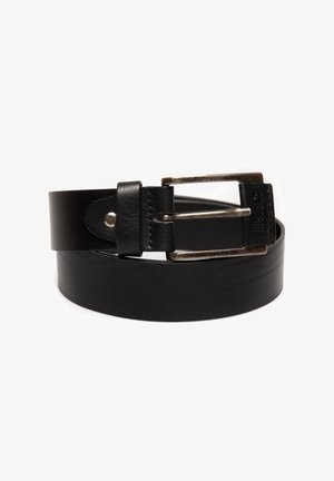 Melna ādas josta ar gludu tekstūru, taisnstūrveida metāla sprādze un regulējama dakša. Iekļauts šūts cilpa drošai pieguvei.