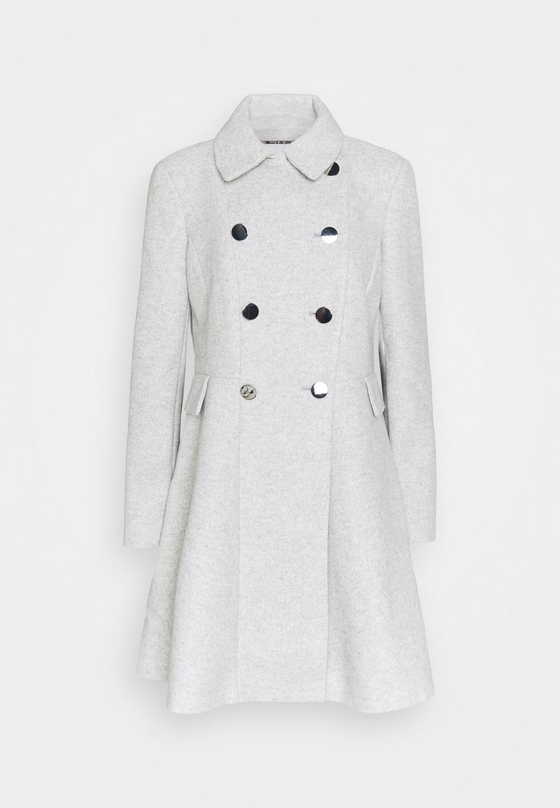 Hellgrauer doppelt geknöpfter Wollmantel mit sechs schwarzen Knöpfen, langen Ärmeln, Reverskragen und zwei Seitentaschen.