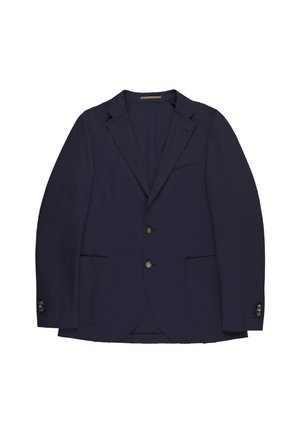 Navy blue single-breasted men's blazer with notch lapels, two front pockets, two front buttons, and button details on the cuffs.