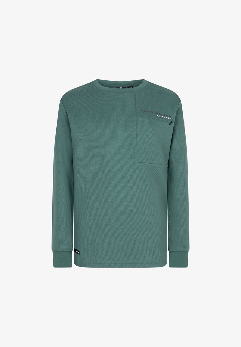 Sweatshirt vert à manches longues en matériau texturé, doté d'une poche sur la poitrine et d'un petit logo à l'avant.