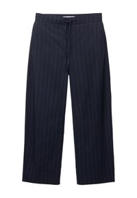 Pantalon large bleu marine à fines rayures verticales, taille à cordon de serrage et deux poches latérales. Tissu lisse avec une apparence cintrée.