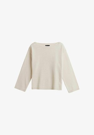 Beige pitkähihaista neulepusero, jossa on leveä pyöreä pääntie sekä resorit hihansuissa ja helmassa, esitetty valkoisella taustalla.