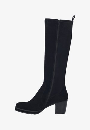 Black knee-high boots made of suede, with a side zipper and a textured block heel. The sole is flat with grip details.
