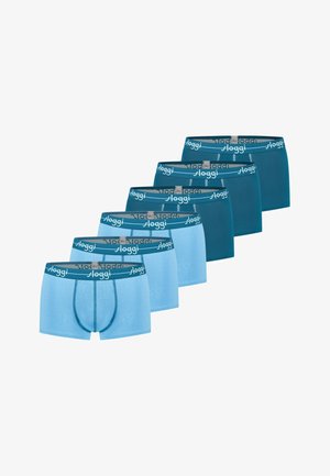 Six paires de boxers pour hommes en deux nuances de bleu, disposées en deux rangées, chacune avec une ceinture élastique de marque.