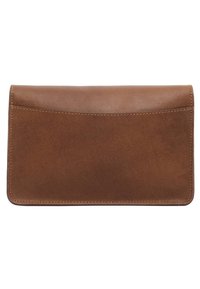 Braune Lederbörse mit glatter Textur, rechteckiger Form, abgerundeten Kanten und kontrastierenden Nähten an den Seiten.