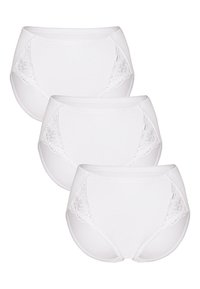 Set di biancheria intima bianca in cotone composto da tre pezzi, con pannelli laterali in pizzo e una cintura liscia. Design semplice e classico senza motivi o decorazioni.