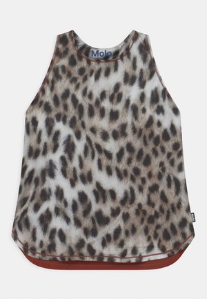 Maglietta senza maniche con stampa maculata, scollo rotondo, bordi marroni e etichetta del marchio Molo sull'orlo laterale.