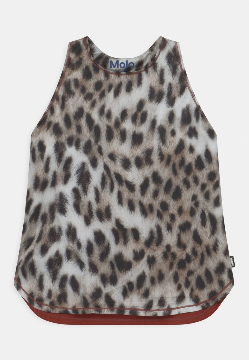 Chemise sans manches à imprimé léopard avec encolure ronde, bordures marron, et étiquette de la marque Molo sur l'ourlet latéral.