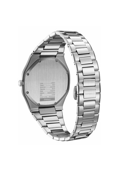 Montre-bracelet en acier inoxydable avec bracelet à maillons métalliques, boîtier arrière octogonal affichant la marque, les spécifications et les détails de résistance à l'eau.