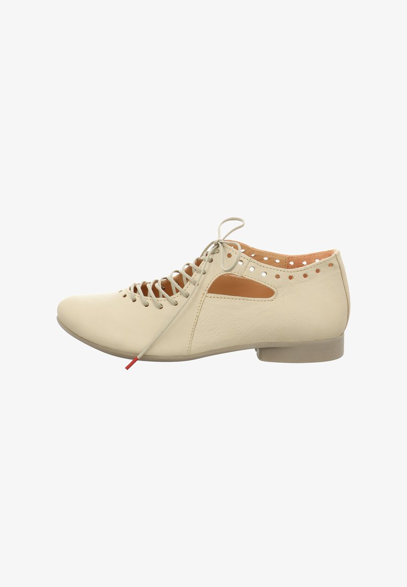 Beige leather shoe with a round toe, lace-up front, perforated detailing, and a brown accent on the side. Low heel design. Flat sole.